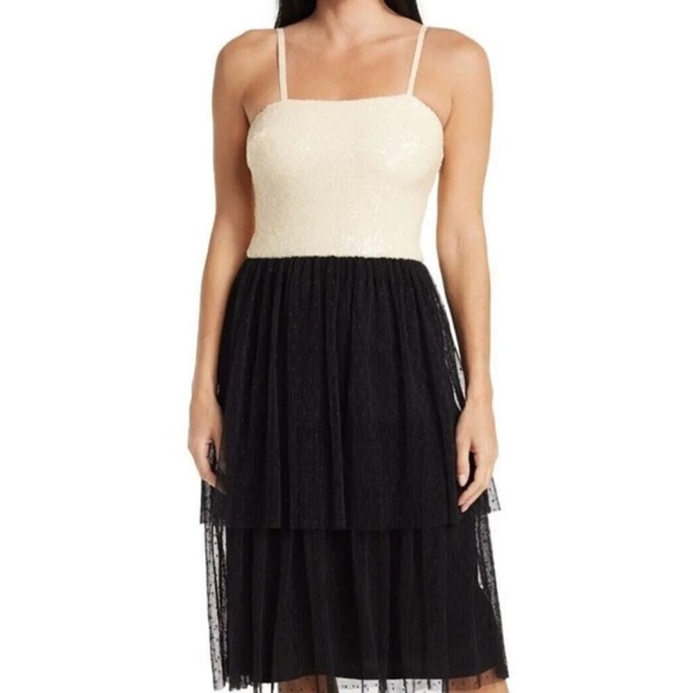 Dress the Population Kady Sequin Tiered Point D'Esprit Dress Size S   (b54 )